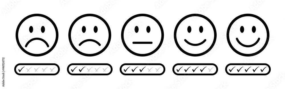 Fototapeta premium Emoji feedback scale using checkmarks for rating, from sad to happy faces. Ideal for professional surveys, assessments, evaluations, and UX design templates. Rating emoji, feedback emoji, icons.