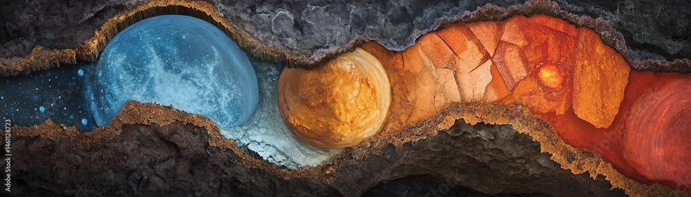 Abstract representation of planets in a geological setting, vibrant colors blend.