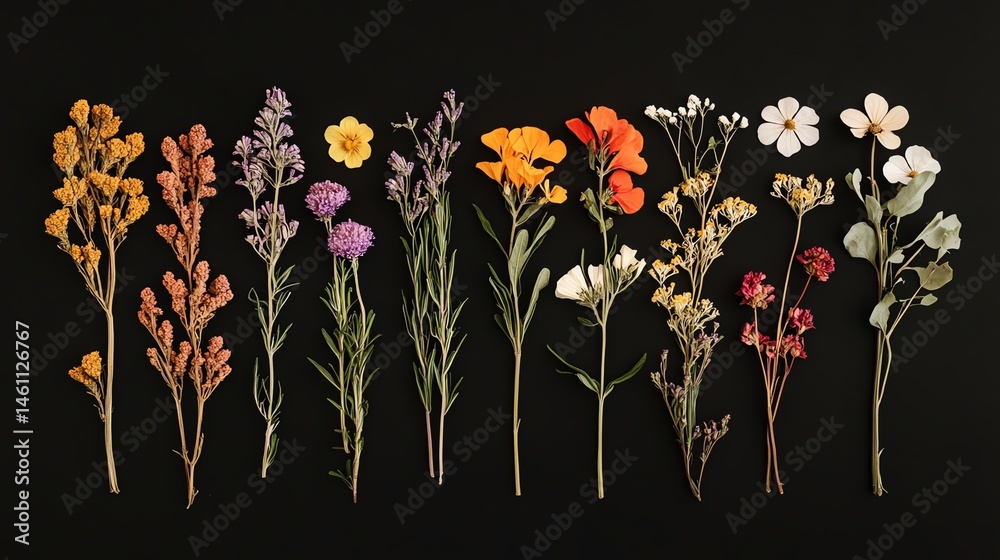Dried flowers arranged horizontally on a dark background.