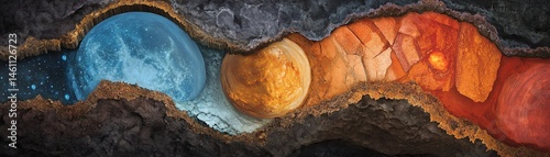 Obraz na płótnie Abstract representation of planets in a geological setting, vibrant colors blend. w salonie