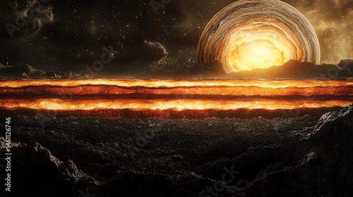 Cosmic landscape with fiery horizon and luminous celestial body.