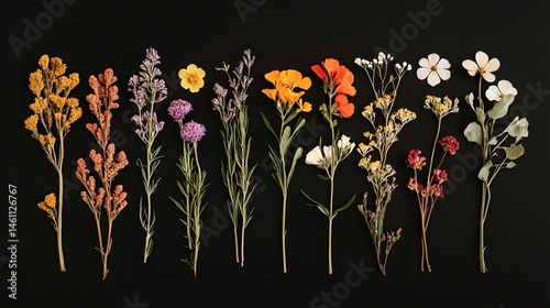 Obraz na płótnie Dried flowers arranged horizontally on a dark background. w salonie