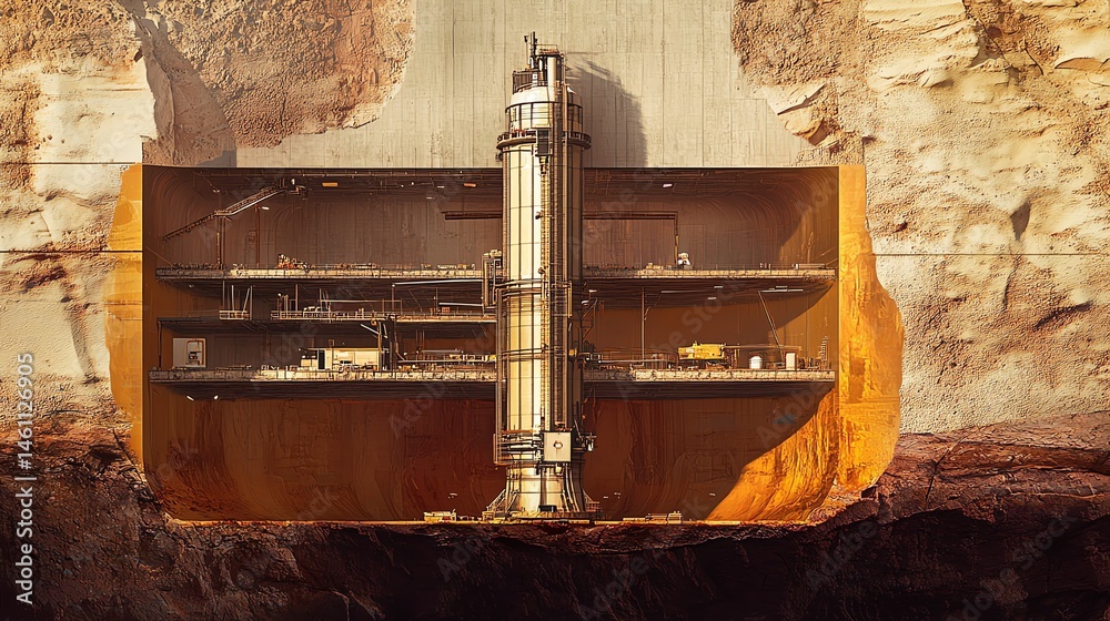 A detailed view of an underground facility with sections and equipment.