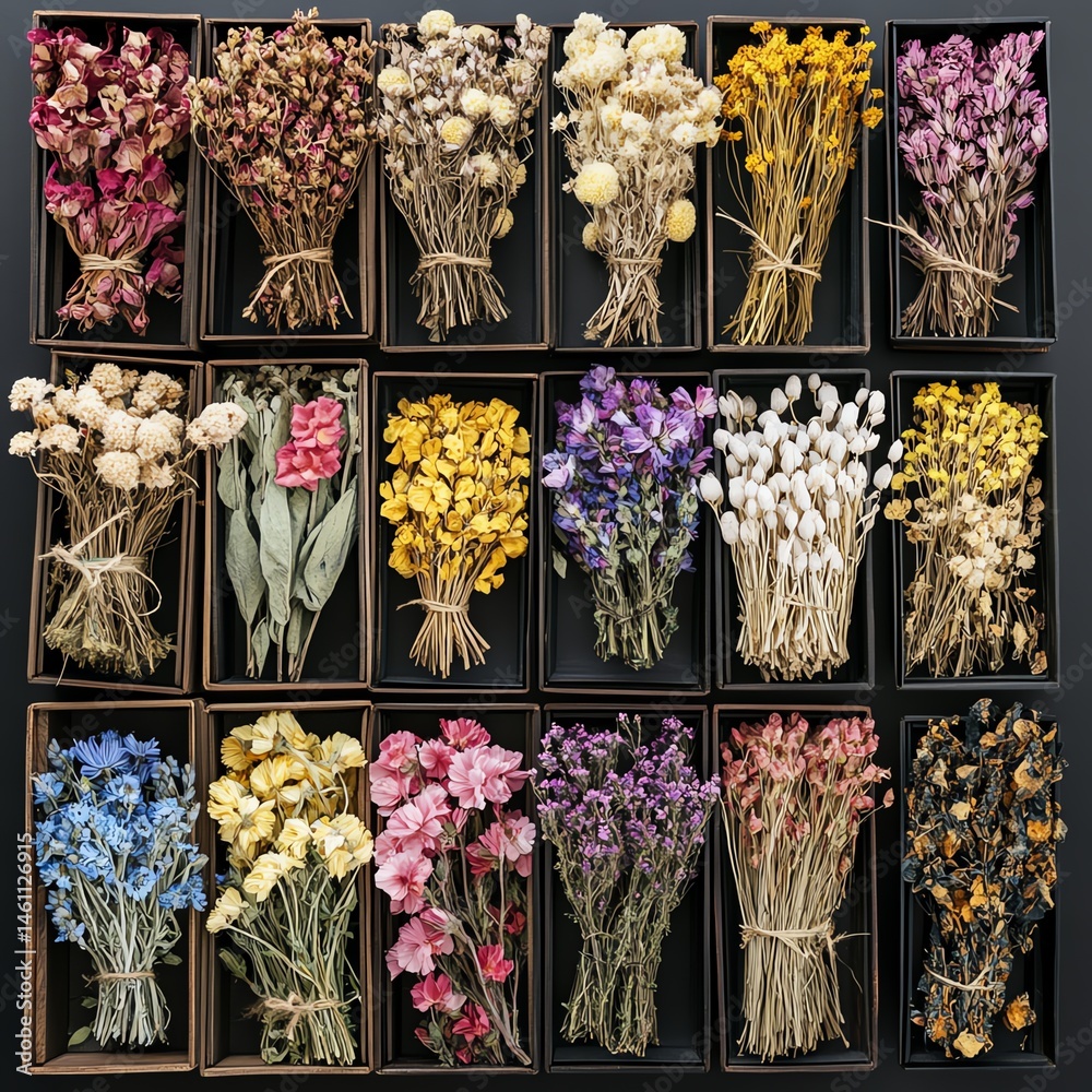 Colorful dried flower arrangements in elegant display boxes.
