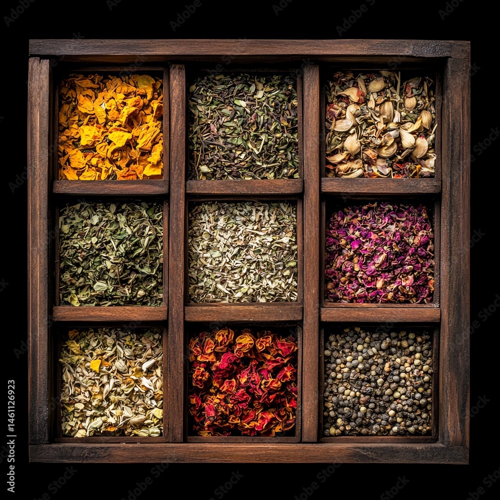 Colorful assortment of dried herbs and spices in wooden box on black background.