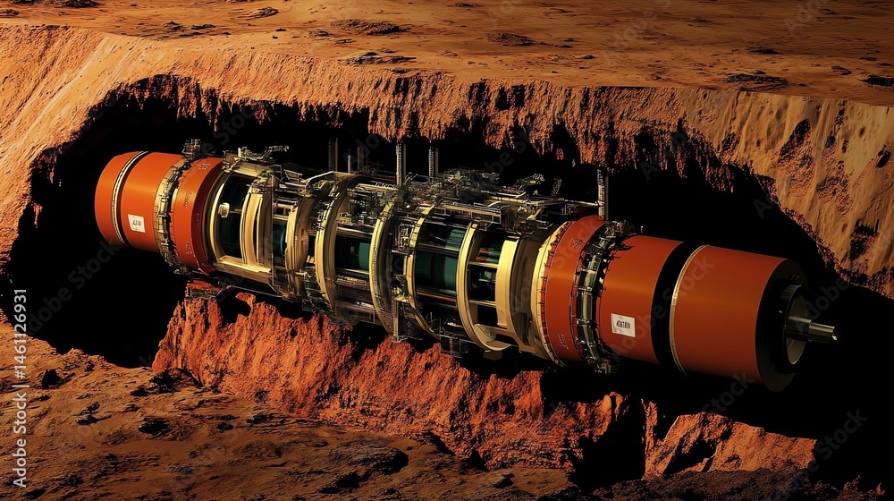 Futuristic drilling machine in a rocky cavern, showcasing advanced engineering.