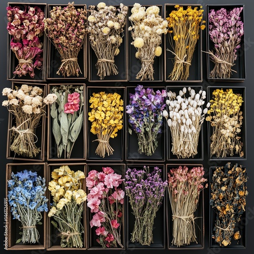 Obraz na płótnie Colorful dried flower arrangements in elegant display boxes. w salonie