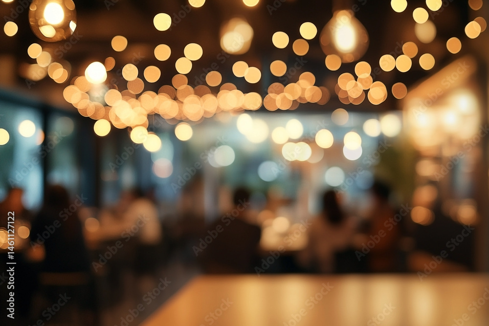 Blurred ambiance of restaurant illuminated by golden lights and people enjoying dining