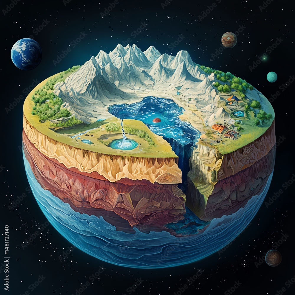 A vividly illustrated cross-section of Earth showcasing diverse landscapes.