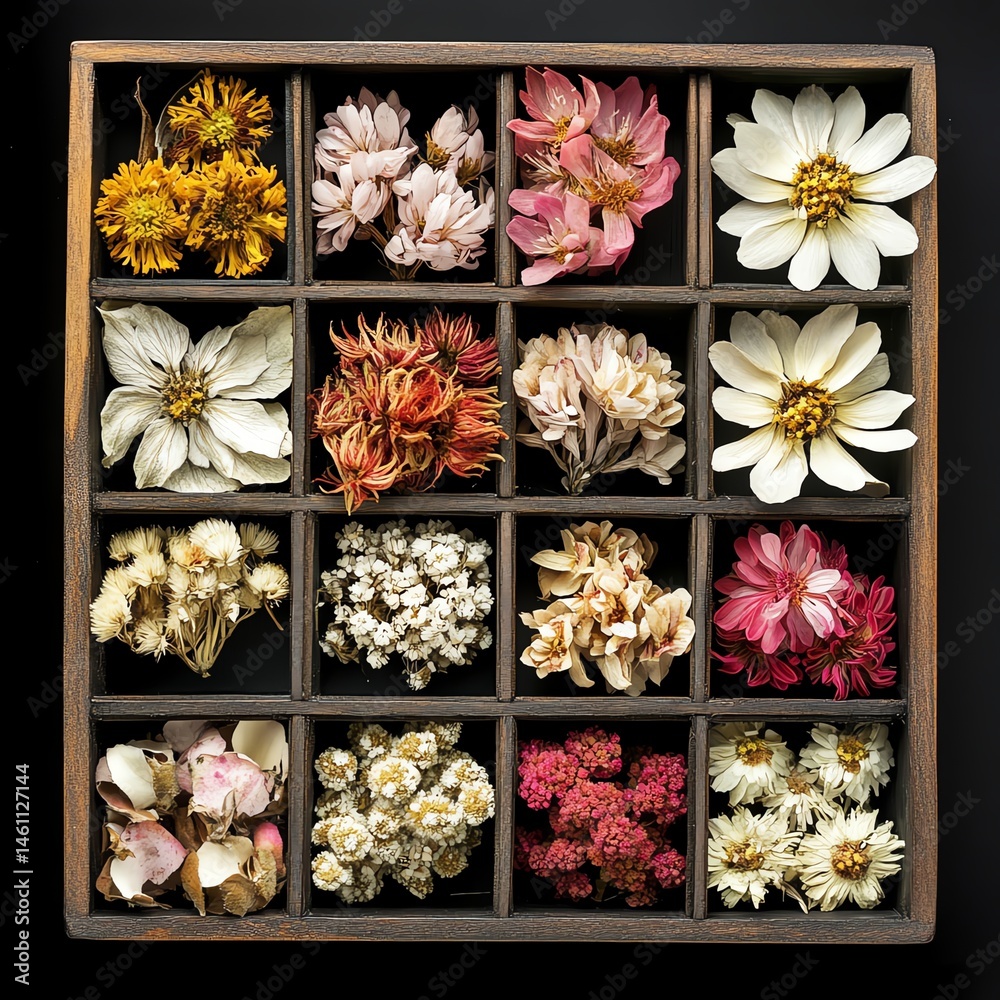 Colorful assortment of dried flowers in a wooden display box, black background.