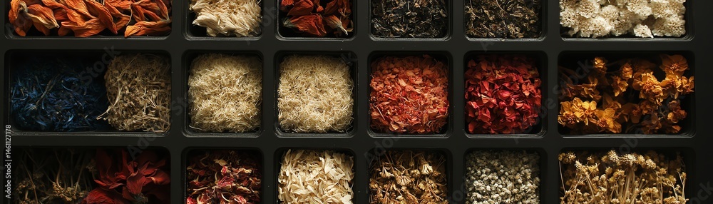 Variety of spices arranged in square containers on dark background.