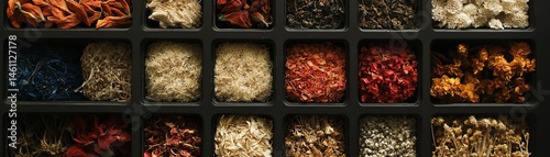 Obraz na płótnie Variety of spices arranged in square containers on dark background. w salonie