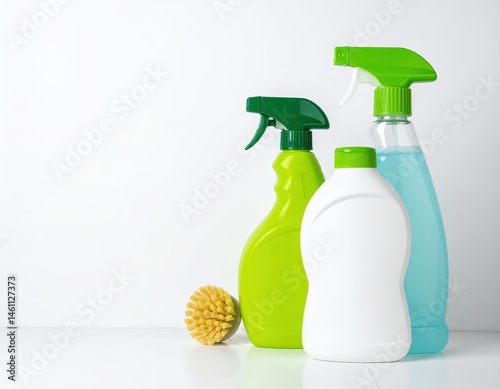 A clear plastic bottle of all-purpose cleaner stands prominently, flanked by two colorful bottles of specialized cleaning products, showcasing vibrant labels.