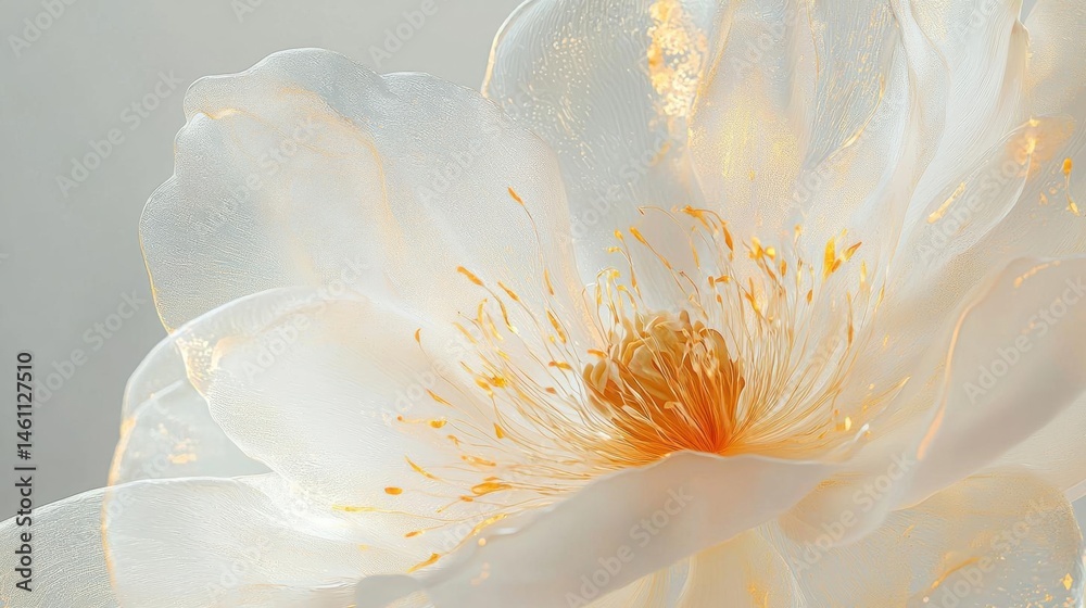 Obraz premium Close-up of a white flower with a yellow center. the flower appears to be a peony, with its petals spread out in a fan-like shape. the petals are delicate and have a soft, velvety texture.