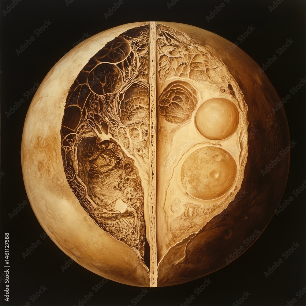 Abstract depiction of biological structures on a dark background.