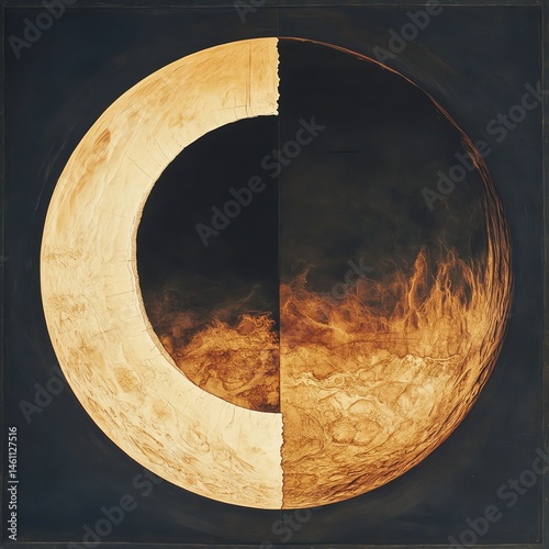 Artistic representation of a celestial body divided, dark and fiery moods.