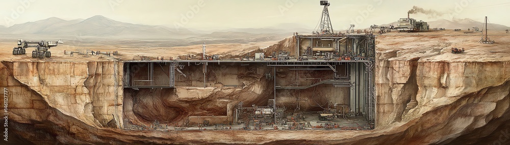 Cutaway view of an underground mining operation in a rocky landscape.