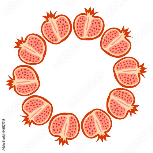 Round frame of halves of pomegranates in Hand drawn style.