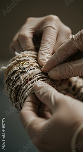 Mummy restoration egyptology ancient artifact conservation gloved hands needlework textile repair archaeology