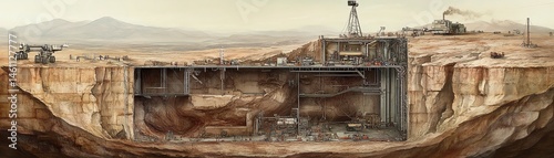 Obraz na płótnie Cutaway view of an underground mining operation in a rocky landscape. w salonie