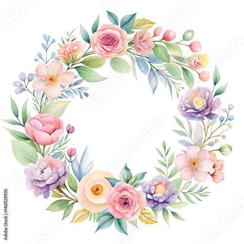 Hand Drawn Pastel Floral Wreath Watercolor on White One