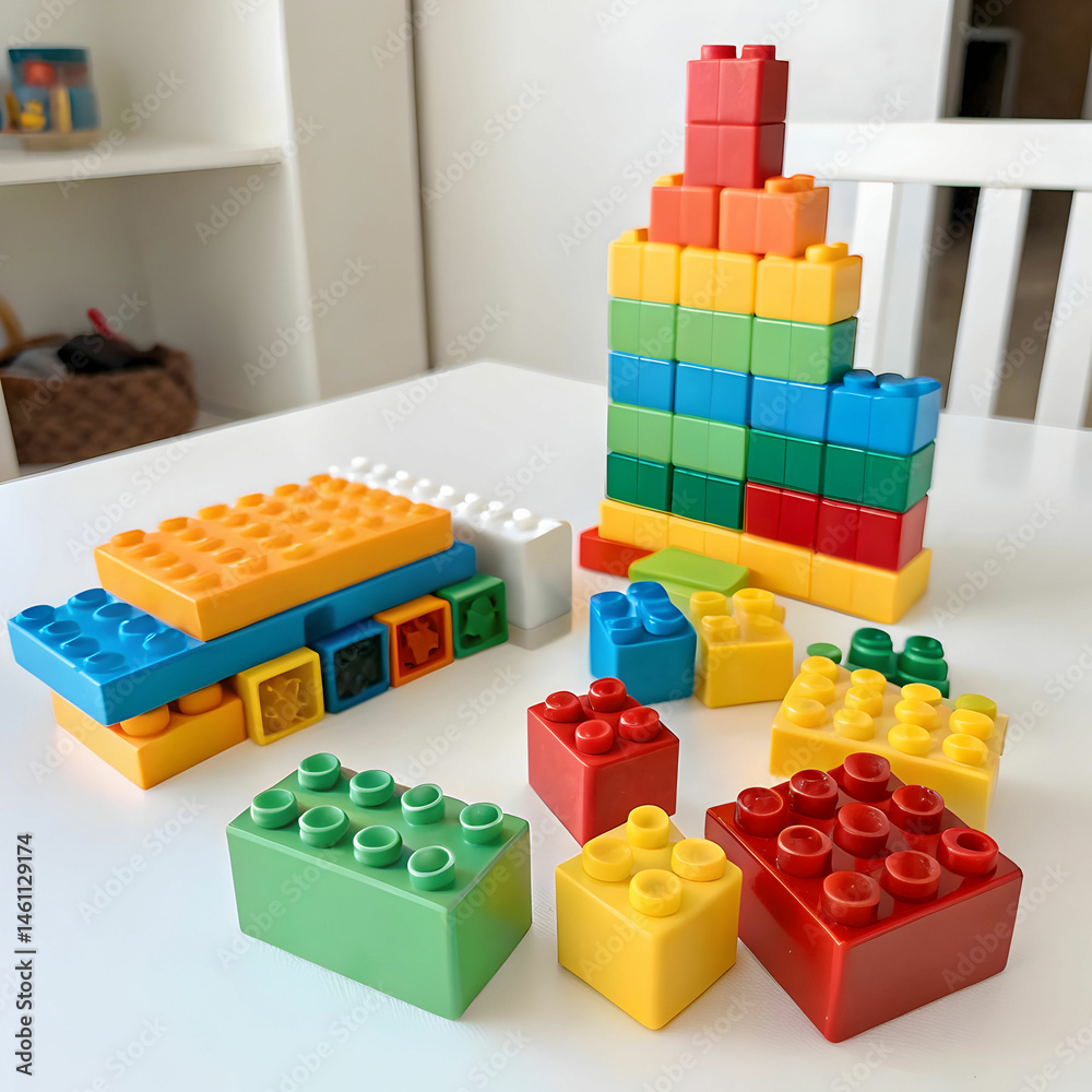 Fototapeta premium Toy figures creatively constructed using building bricks,