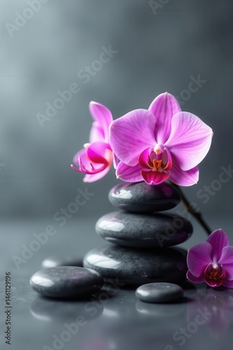 Polished stones, orchid blossoms, elegant grey setting, graphic, serenity