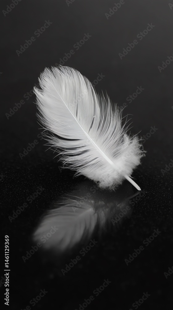 Obraz premium Single white feather on black background