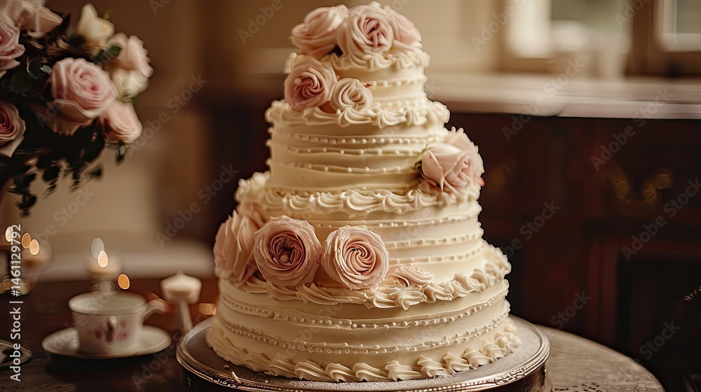 Fototapeta premium Elegant tiered wedding cake adorned with delicate pink roses.