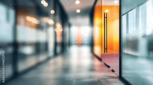 Business action inside blurred office interior modern workspace calm environment perspective view