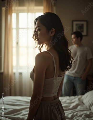 Quarreling couple in bedroom feeling emotional estrangement near soft window light