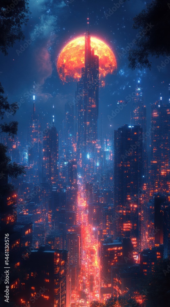 Obraz premium Vast futuristic cityscape under a crimson moon.