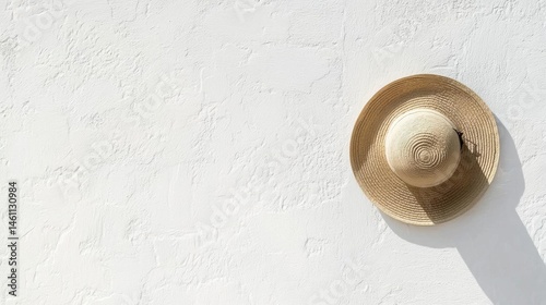 Straw hat hanging on a white wall. the hat is round and has a wide brim with a spiral design on the front.