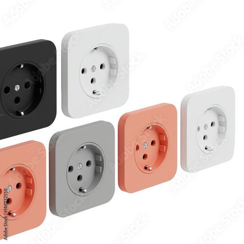 Stylish Modern Electrical Outlets in a Variety of Colors on White Backdrop