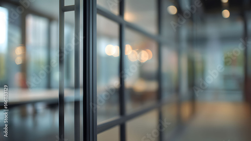 Dynamic office environment with blurred door modern workspace contemporary design professional atmosphere