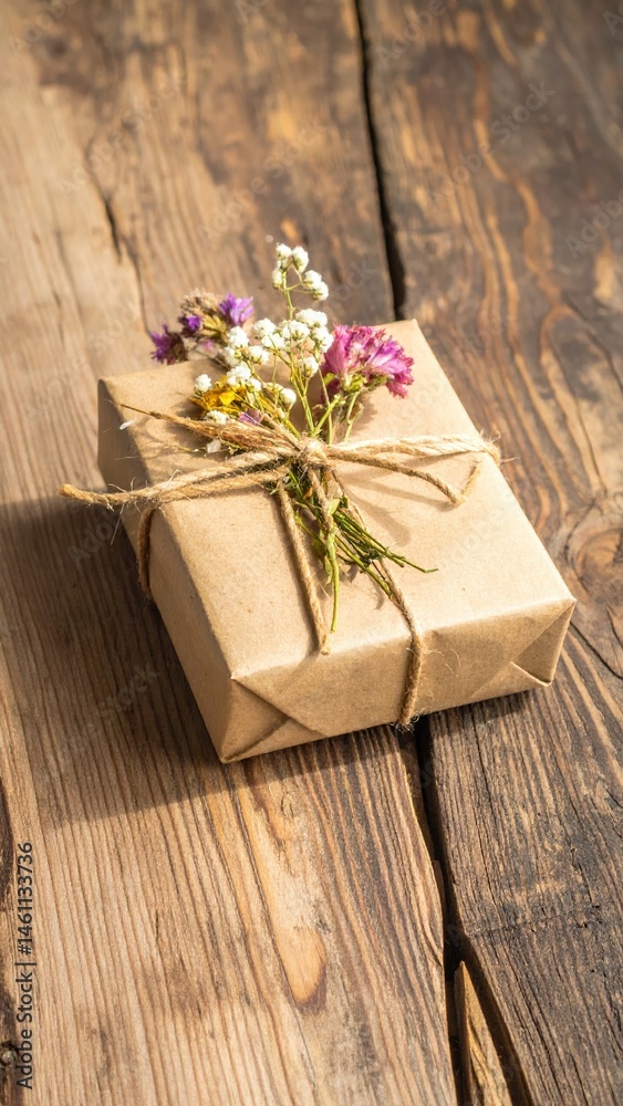 A rustic brown cardboard box adorned with a vibrant assortment of colorful flowers, including daisies and roses, beautifully arranged on its lid. A rustic brown cardboard box adorned with a vibrant assortment of colorful flowers, including daisies and roses, beautifully arranged on its lid.