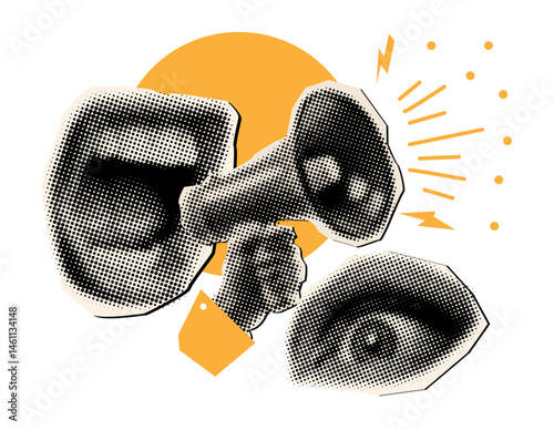 loudspeaker in hand and screaming mouth with halftone dotted effect,scared eye, trendy collage design
