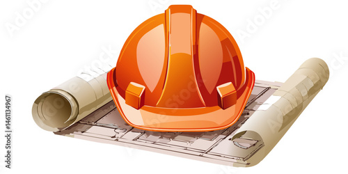 construction helmet and blueprint architecture plan project vector industry graphic design