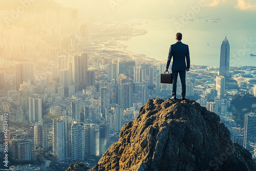 Businessman atop peak contemplates city landscape and ambitious journey ahead