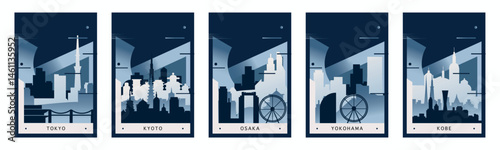 Japan cities brutalism poster pack with skylines, landmarks of Tokyo, Kyoto, Osaka, Yokohama, Kobe. Vector illustration set. Travel cover, brochure, flyer, leaflet, images