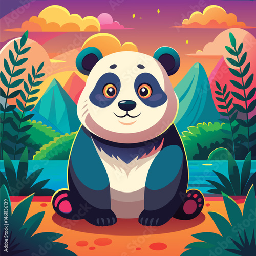 Cute panda sits by the river.