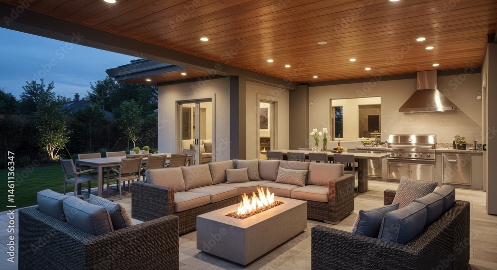 Outdoor living space with fire pit and kitchen at dusk Outdoor living space with fire pit and kitchen at dusk