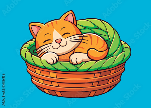 Cute orange tabby cat sleeping in a basket.