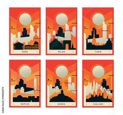 Italy cities brutalism poster pack with skylines, landmarks of Rome, Milan, Naples, Turin, Genoa, Cagliari. Vector illustration set. Travel cover, brochure, flyer, leaflet, images
