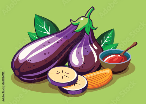 Fresh eggplants. banana slices. and sauce.