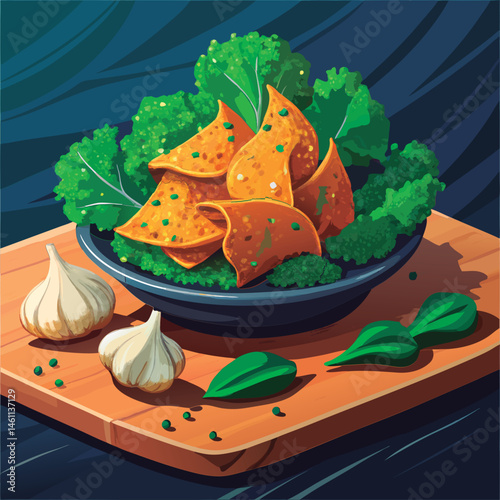 Crispy. golden snacks with greens.