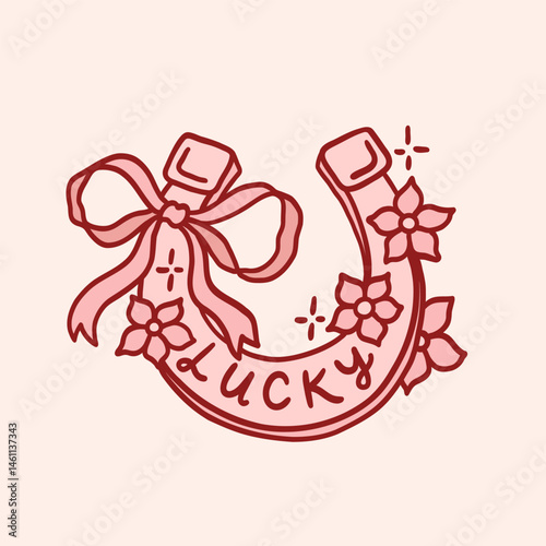 Horseshoe with coquette bow ribbon and flowers. Lucky charm and symbol. Magic protection talisman for good luck and success. Whimsical trendy illustration. Hand drawn red ink vintage clipart