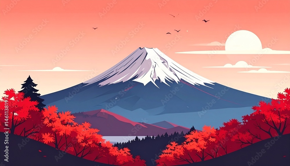 Fototapeta premium Digital Illustration of Fuji in Crimson Fall Colors