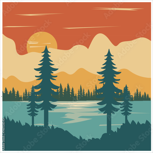 Retro Sunset Over a Mountain Lake. sunset landscape, lake, mountains, river, forest