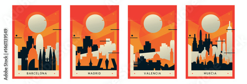 Spain cities brutalism poster pack with skylines, landmarks of Barcelona, Madrid, Valencia, Murcia. Vector illustration set. Travel cover, brochure, flyer, leaflet, images